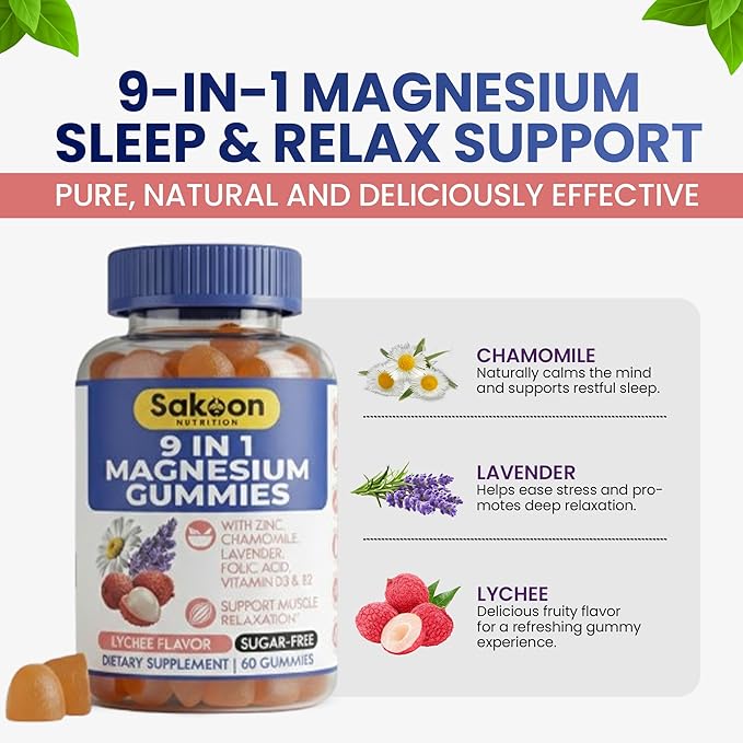 Sakoon Nutritions 9-in-1 Magnesium Gummies for Women & Men with Zinc & Vitamin D3 | Sugar Free Lychee Flavor with Magnesium Glycinate, Citrate & Malate | Muscle & Stress Relief | Halal, Vegan | 60pcs