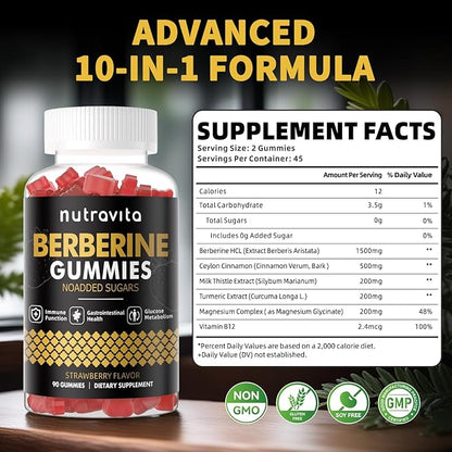 Nutravita Berberine Gummies with Ceylon Cinnamon 1500mg High Potency Berberine HCL Supplement for Immune and Metabolism Support, Sugar Free Organic Berberine Gummies Strawberry Flavor-1PACK