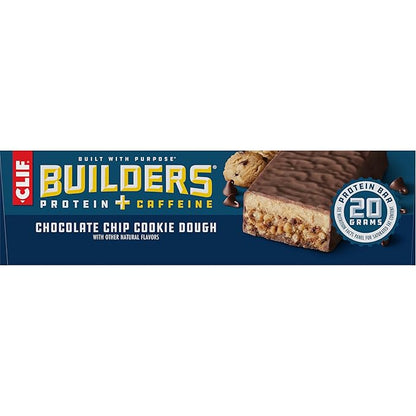 CLIF BUILDERS + Caffeine Protein Bars - Chocolate Chip Cookie Dough Flavor - 20g Plant Based Protein - Gluten Free - Non-GMO - Low Glycemic - No Artificial Sweeteners - 2.4 oz. (12 Pack)