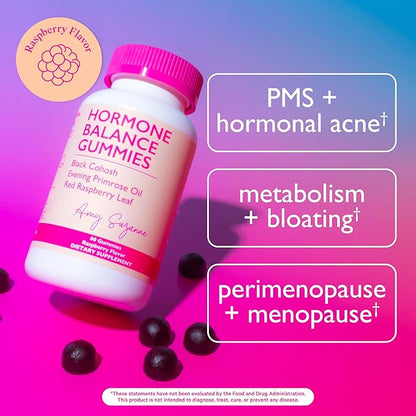 Amy Suzanne Hormone Balance Gummies for Women - Hormone Harmony for Mood, Energy, Bloating - Hormonal PMS, Perimenopause & Menopause Support - Red Raspberry Leaf & Black Cohosh - 60 Gummy Supplements