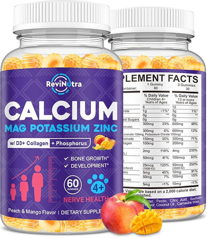 Calcium Potassium Magnesium Gummies for Kids & Adults, Magnesium Potassium Calcium Supplement for Kids, Sleep, Bone Strength, Density Support, Sugar Free, Juice Peach & Mango Flavor, 60 Gummies