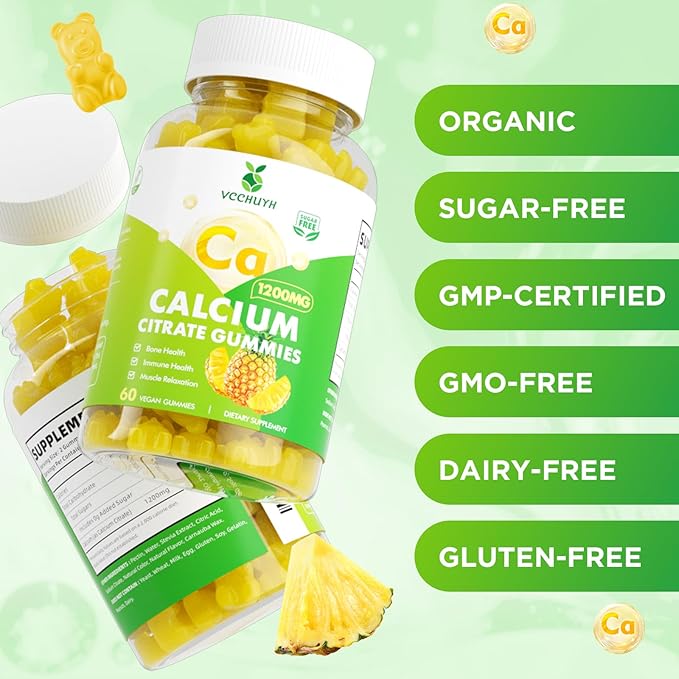 Calcium Citrate Gummies 1200 mg, Sugar Free Calcium Gummies for Adults & Kids, Chewable Calcium Supplements for Women, Bone & Immune Support, Pineapple Flavor 120 Count