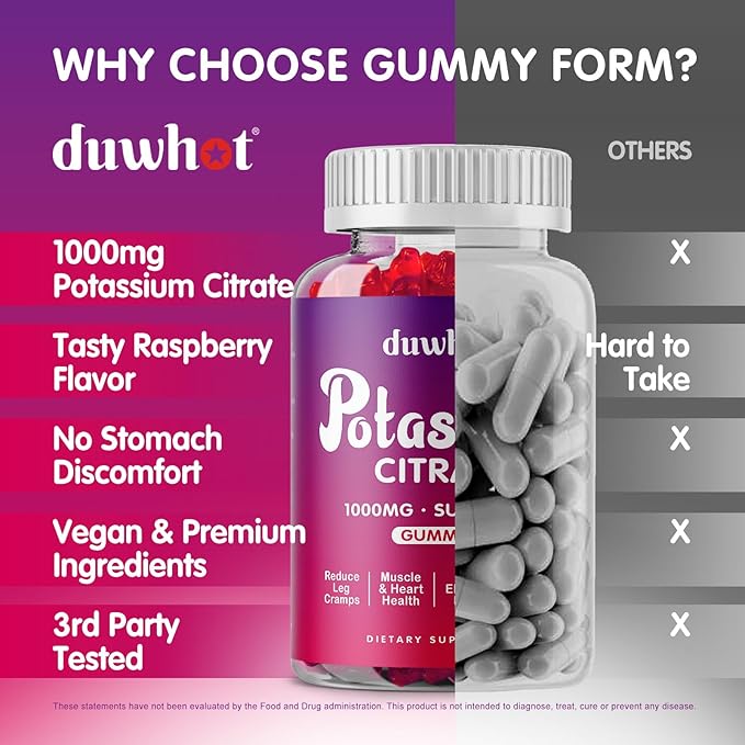 duwhot Potassium Citrate 1000mg Gummies, Potassium Supplement for Adults Women & Men, Support Leg Cramps & Muscle Health, 60 Chewables