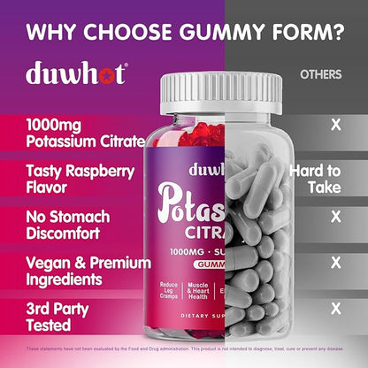 duwhot Potassium Citrate 1000mg Gummies, Potassium Supplement for Adults Women & Men, Support Leg Cramps & Muscle Health, 60 Chewables