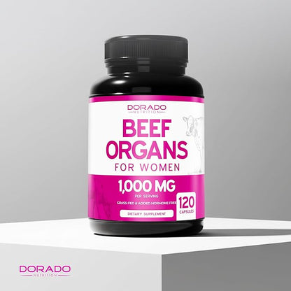 Beef Organ Supplement for Women - Grass Fed Beef Liver, Heart, Kidney & Uterus 1000mg Per Serving - Support Women's Energy & Overall Health - Third Party Tested & Non GMO - USA Made (120 Capsules)