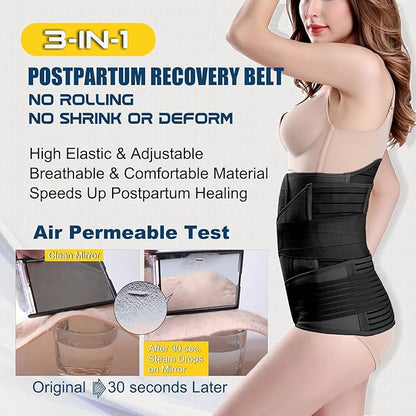 ChongErfei 3 in 1 Postpartum Belly Wrap - Recovery Belly/Waist/Pelvis Belt Black Postpartum Belly Band, Black XL