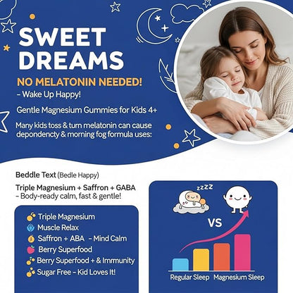 Kids Sleep Gummies NO Melatonin - Triple Magnesium Glycinate + Saffron, GABA, Berry & Nut Superfood Gummies, Sugar Free Nighttime Sleep Aid & Calm for Kids 4+ Teens, Relaxation, Brain & Muscle, 2Pack