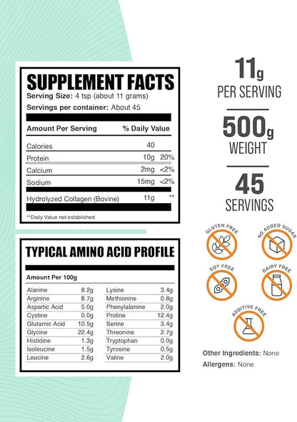 BulkSupplements.com Collagen Peptides Powder - Bovine Collagen Powder, Powdered Collagen Supplement - Hydrolyzed & Gluten Free, 11g per Serving, 500g (1.1 lbs) (Pack of 1)