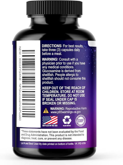 Glucosamine Chondroitin & MSM - 3x Strength Joint Support Supplement for Mobility & Comfort - Glucosamine Complex with Turmeric, Boswellia, Bromelain & Quercetin - Bottled in USA - 60 Capsules