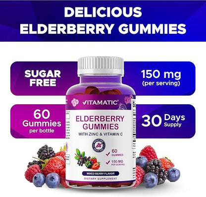 Vitamatic Elderberry Gummies with Vitamin C & Zinc – Immune Support Supplement – Mixed Berry Flavor– 60 Gummies – Made in The USA, Vegan, Non-GMO, Gluten-Free - 2 Pack