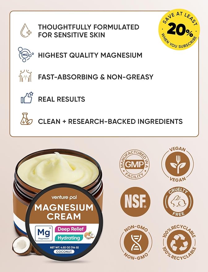 Venture Pal Topical Magnesium Cream, Fast-Absorbing Magnesium Moisturizing Lotion with Coconut Oil, Shea Butter & Hyaluronic Acid, Suitable for Kids