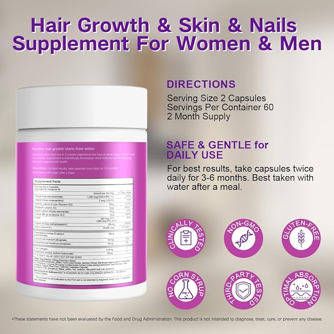 Biotin | Collagen | Hyaluronic Acid Supplement, Clinically Proven Hair Growth Support, Skin and Nails, 25000 mcg Vitamins B2, B3, B6 & B7 + B1 & Keratin Women & Men （120 Capsules）