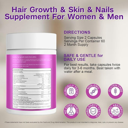 Biotin | Collagen | Hyaluronic Acid Supplement, Clinically Proven Hair Growth Support, Skin and Nails, 25000 mcg Vitamins B2, B3, B6 & B7 + B1 & Keratin Women & Men （120 Capsules）