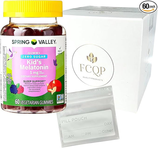 Spring Valley Kids Melatonin Gummies, Zero Sugar, BlackBerry and Raspberry, 1 mg, 60 Count Included is a Pill Pouch and a Sticker