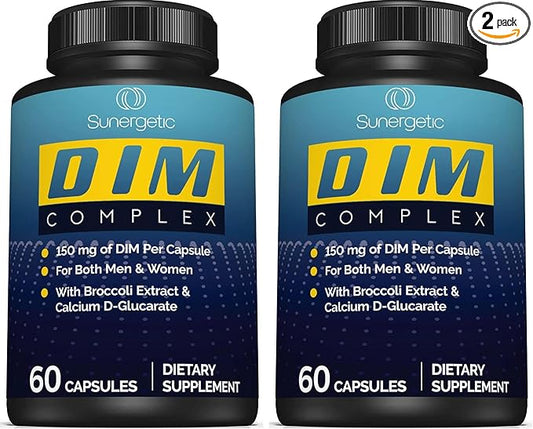 Sunergetic Premium DIM Supplement – 150mg diindolylmethane, Broccoli, Calcium D-Glucarate & Bioperine for Men & Women – DIM Complex for Menopause Support & Balance - 60 Capsules (Pack of 2)