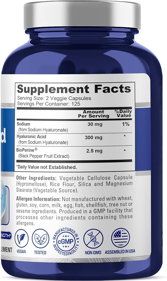 NusaPure Hyaluronic Acid 300mg 250 Veggie Capsules (Non-GMO, Vegan)