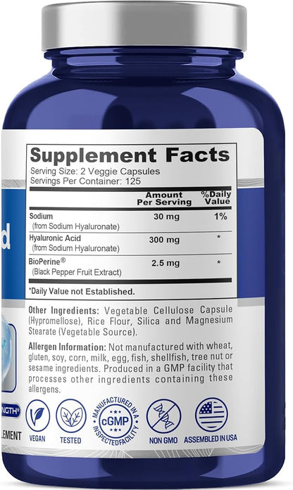 NusaPure Hyaluronic Acid 300mg 250 Veggie Capsules (Non-GMO, Vegan)