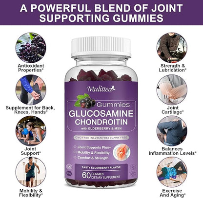 Mulittea Glucosamine Chondroitin Gummies - Extra Strength Joint Support Supplement with MSM & Elderberry for Natural Joint, Antioxidant Immune Support for Adults, Men & Women-(2 Pack)