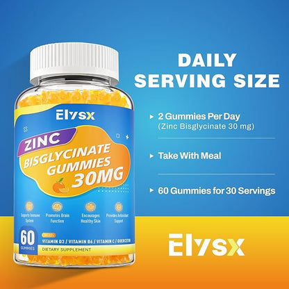 Zinc Glycinate 30 mg Gummies, Chewable Zinc Supplement for Women & Men, with Vitamin C, D3 & B6, Quercetin, Immune System Support, Skin Health & Antioxidant, Natural Fruit Flavor, 60 Ct