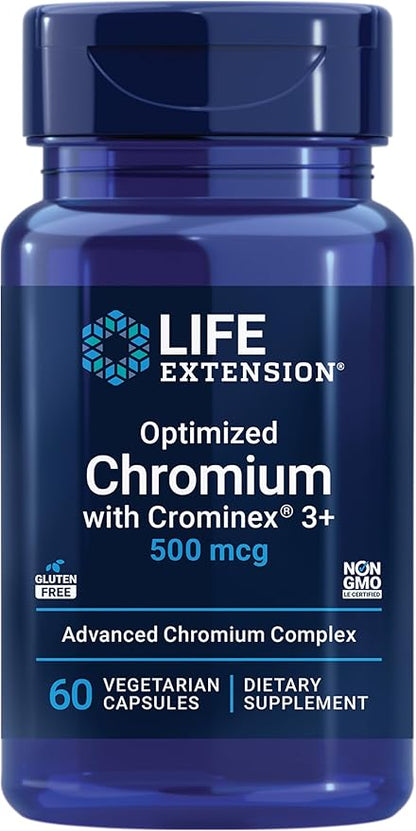 Life Extension Optimized Chromium with Crominex 3+ 500 mcg, Metabolism Health, Healthy Balance, Vegetarian, Gluten Free, Non-GMO, 500 mcg, 60 Vegetarian Capsules
