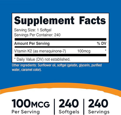 Nutricost Vitamin K2 MK-7 100 mcg, 240 Softgels - Gluten Free and Non-GMO MK7