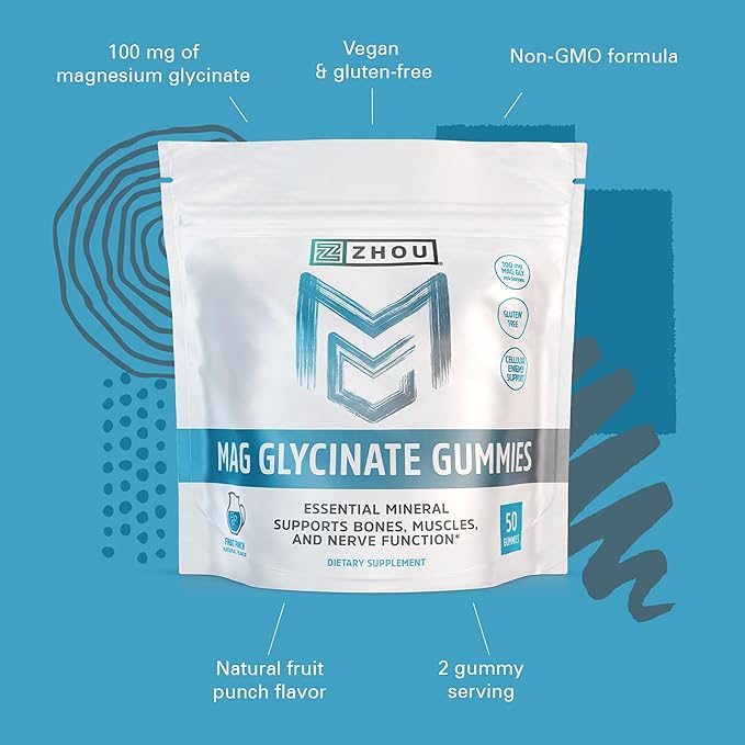 Zhou Mag Gly Gummies - Magnesium Glycinate Gummies for Women & Men, Cellular Energy Support, Muscle & Nerve Function Support, Vegan, Gluten Free, Natural Fruit Punch Flavor - 50 Count