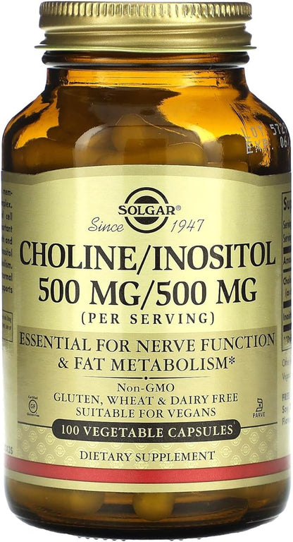 Solgar Choline/Inositol 500 mg/500 mg, 100 Vegetable Capsules - Energy Metabolism, Liver Health, Essential for Brain & Nerve Function - Non-GMO, Vegan, Gluten Free, Dairy Free, Kosher - 50 Servings
