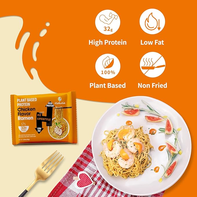Hethstia High Protein Ramen Soup Chicken Flavor, 6-Pack Instant Ramen Noodles Chicken Broth, 32g Plant-Based Protein, Vegan, Non-GMO, Low Fat, Egg-Free, Dairy-Free, Pre-Packaged Quick Meal