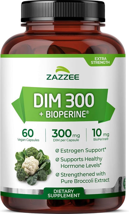 Zazzee DIM 300 mg Per Capsule, 60 Count, Plus 10 mg BioPerine, Estrogen Balance, Hormonal Acne, Menopause Support, Hormonal Balance, Diindolylmethane, Vegan, All-Natural, Non-GMO, Made in The USA