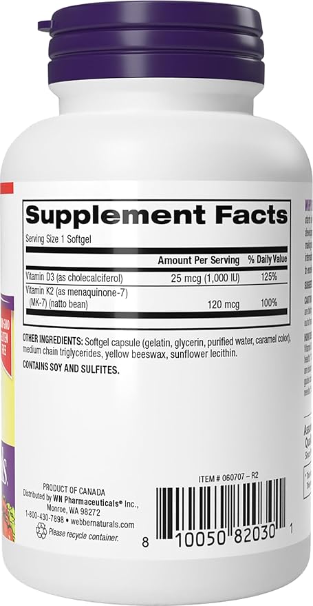 Webber Naturals Super Vitamin K2 MK-7 120 mcg with Vitamin D3, 90 Softgels, Supports Bones, Teeth, and Cardiovascular System