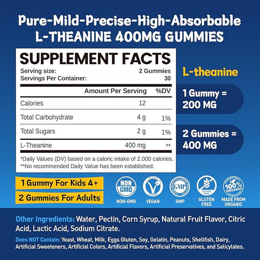 duwhot L Theanine Gummies, 200/400mg L-Theanine Supplement for Adults & Kids, Natural Stress Relief, Relaxation, Zzz & Focus Support Gummy,Organc,Vegan, Low Sugar,Non-Drowsy,Lemon Flavor,120 Chewables
