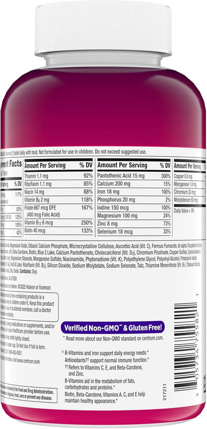 Centrum Multivitamin for Women, Multimineral Supplement with Iron, Vitamin D3, B Vitamins and Antioxidant Vitamins C and E, Gluten Free, Non-GMO Ingredients - 250 Count