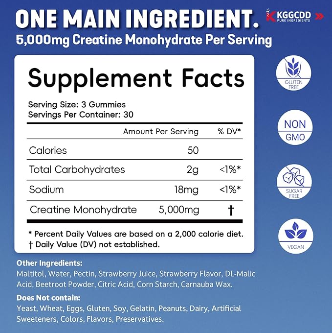 99.99% Creatine Monohydrate Gummies for Men & Women, 5,000mg Tasty Creatine Gummies for Muscle Strength, Endurance, Recovery & Sugar Free, Gluten-Free, Vegan, Non-GMO, 90 Count