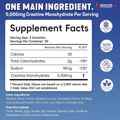 99.99% Creatine Monohydrate Gummies for Men & Women, 5,000mg Tasty Creatine Gummies for Muscle Strength, Endurance, Recovery & Sugar Free, Gluten-Free, Vegan, Non-GMO, 90 Count