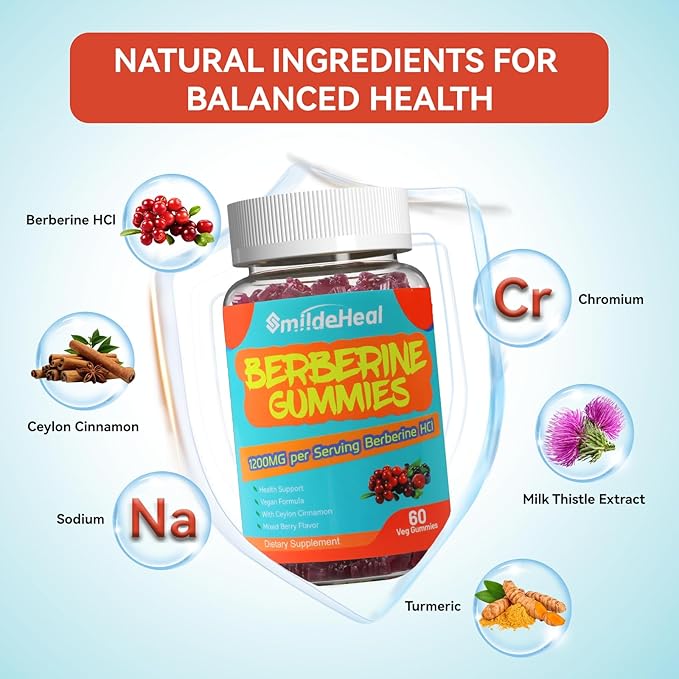 2 Pack Berberine Gummies 1200mg with Ceylon Cinnamon 200mg, Milk Thistle Extract & Turmeric, Vegan Berry Flavor, Non-GMO, Gelatin-Free, Gluten-Free, 120 Count