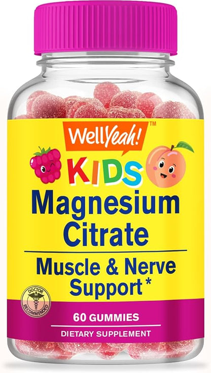 WellYeah Magnesium Citrate Gummies for Kids - Chewable Stress Relief Supplement for Children - Natural Calm, Mood Support, Non-GMO, Gluten Free - Natural Sourced Flavors - 60 Gummies