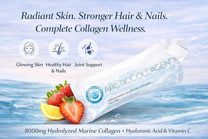 Liquid Marine Collagen Peptides for Women – 8000mg Hydrolyzed Liquid Collagen Supplement with Biotin & Vitamins for Hair Growth, Skin, Nails & Joints, Strawberry Flavor, Sugar Free, 14 Sachets