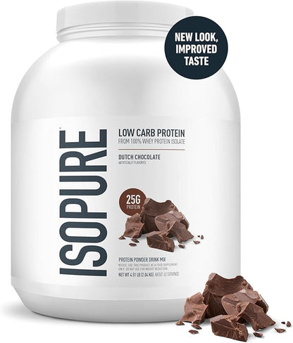 Isopure Low Carb 100% Pure Whey Isolate Protein Powder, Gluten Free, With Vitamins, Dutch Chocolate, 25g Protein Per Serving, 4.5 Lbs, 62 Servings (Packaging May Vary)