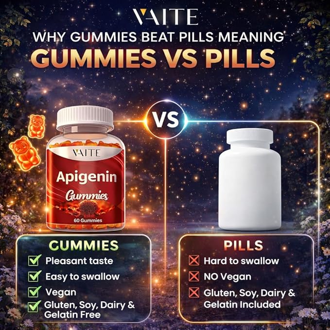 VAITE Apigenin Supplement 150mg - Chamomile Extract Vegan Gummies with Flavonoids, Bioflavonoids & Polyphenols - Plant-Based Relaxation Support - Liposomal Calm Formula - Non-GMO Herbal Mood Balance