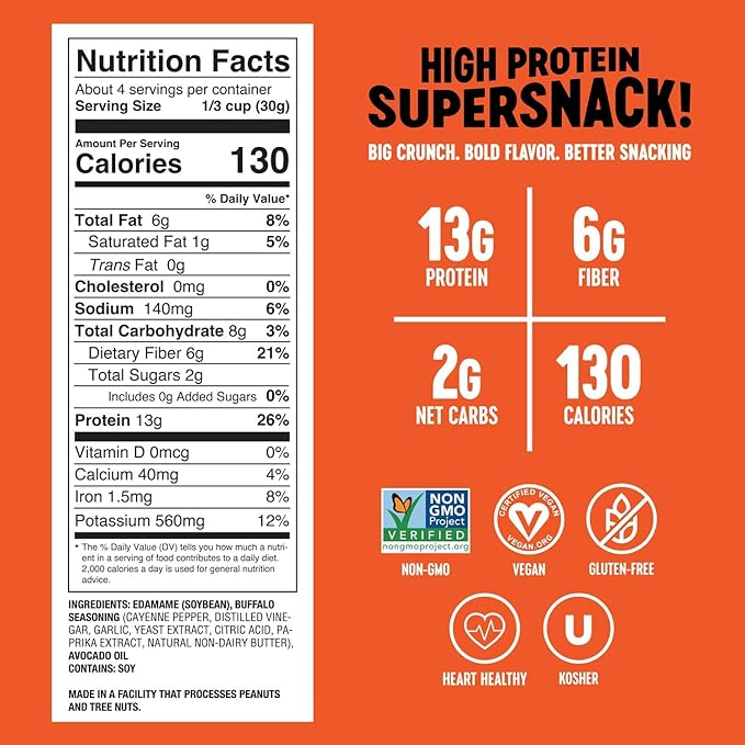 The Only Bean - Crunchy Roasted Edamame Beans (Buffalo), Keto Snacks, Healthy Snacks For Adults and Kids, Low Carb High Protein Snacks, Gluten Free Snack, Vegan Keto Food - 4 oz (3 Pack)