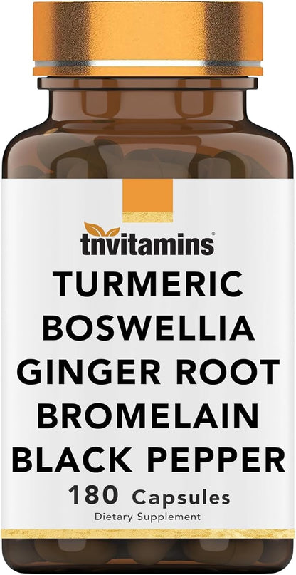 tnvitamins Turmeric & Boswellia Complex (180 Capsules) with Ginger Root, Bromelain, & Black Pepper Extract | Joint-Ease Formula: Powerful Joint Support Supplement* | Produced in The USA