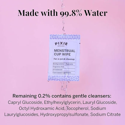Pixie Feminine Wipes - Flushable, Biodegradable, & Ph Balanced - Individually Wrapped Packet Wipes for On The Go & Public Bathrooms - Wash & Cleaner For Your Menstrual Cups & Discs (1 Pack of 20)