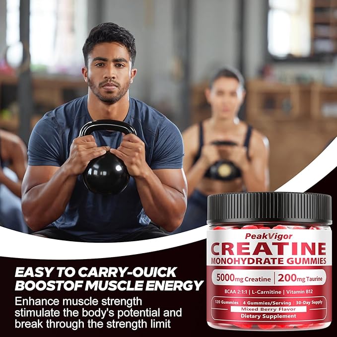 Creatine Monohydrate Gummies for Women & Men, 5000MG Creatine Gummies Sugar Free - Mixed Flavored with L-Taurine, BCAA 21, B12，Vegan, Non-GMO, 120 Gummies