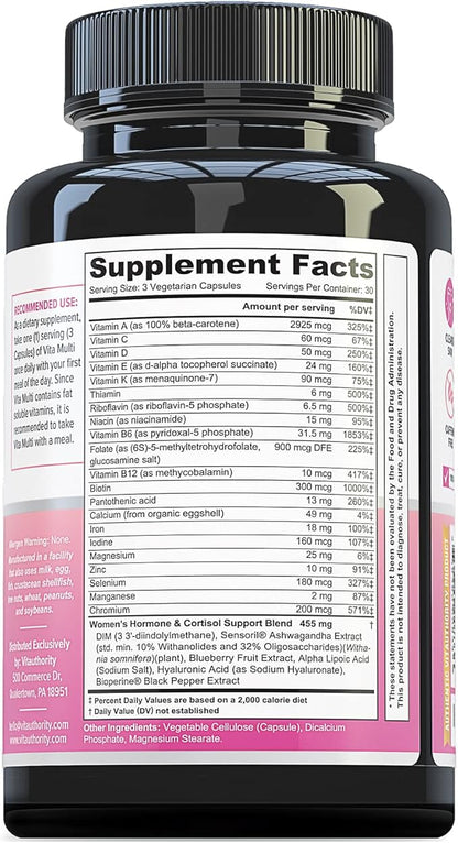 Vitauthority Multivitamin for Women Women’s Daily Multi-Vitamin Supplement with DIM, Iodine, Ashwagandha Supports Youthful Complexion, Healthy Cortisol and Estrogen Balance 30 Day Supply