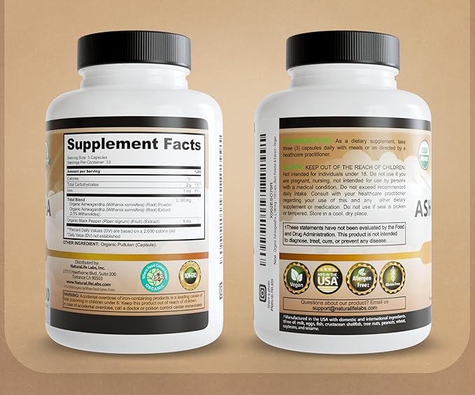 NaturaLife Labs Organic Ashwagandha 2100 mg per Serving – Herbal Supplement Root Powder & Extract – 100 Capsules – Vegan, Non-GMO, Gluten-Free (2 Pack)