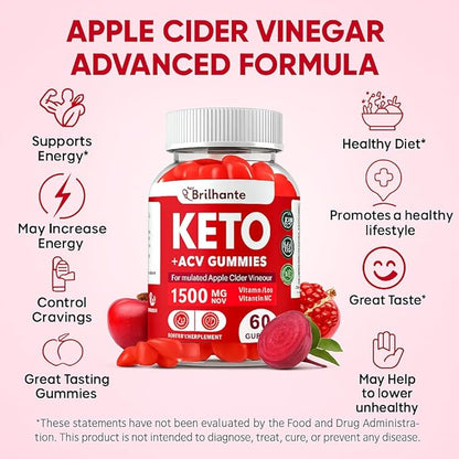 Keto ACV Gummies - Organic Apple Cider Vinegar Gummies Sugar Free,Contains Apple Cider Vinegar with Mother, Vitamin B12 & B6,Beetroot | Metabolism and Energy, Gluten-Free, Vegan-60 Count