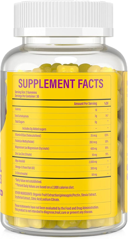 Myo-Inositol & D-Chiro Inositol,Inositol Gummies with Vitamin D3, Magnesium Glycinate, Omega-3, Folate & Zinc, Inositol Supplement Menstrual Cycle for Women-40:1 Ratio-30 Day Supply