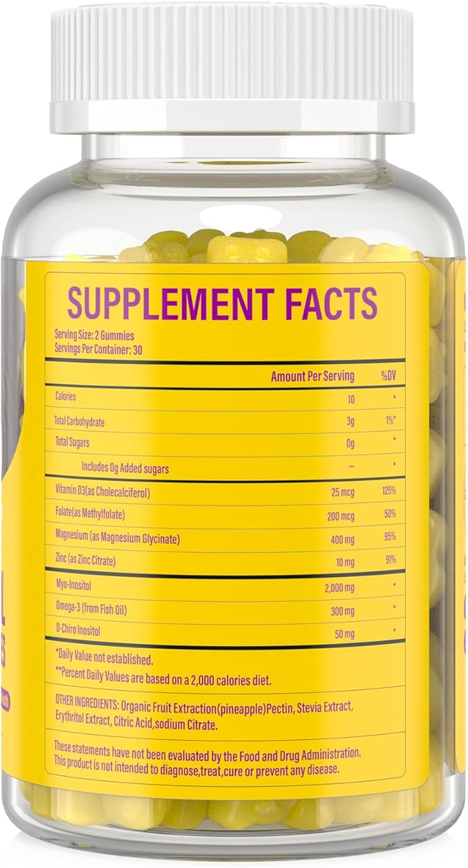 Myo-Inositol & D-Chiro Inositol,Inositol Gummies with Vitamin D3, Magnesium Glycinate, Omega-3, Folate & Zinc, Inositol Supplement Menstrual Cycle for Women-40:1 Ratio-60 Day Supply