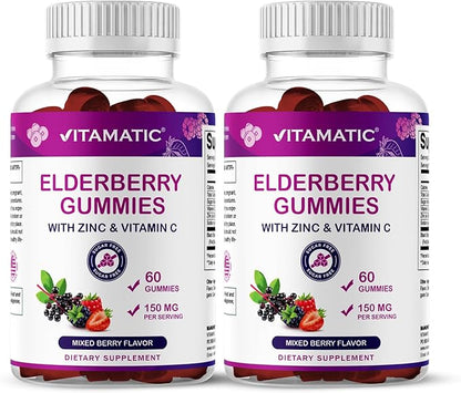 Vitamatic Elderberry Gummies with Vitamin C & Zinc – Immune Support Supplement – Mixed Berry Flavor– 60 Gummies – Made in The USA, Vegan, Non-GMO, Gluten-Free - 2 Pack