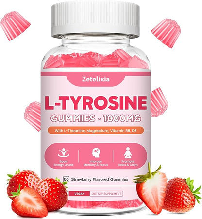 L Tyrosine Gummies, L-Tyrosine Supplement, 10-in-1 Tyrosine Gummies with Vitamin B6 D3, Tyrosine Supplement Support Cognitive, Memory, Energy, Mood for Adult & Kids, Strawberry Flavor, 60 Ct